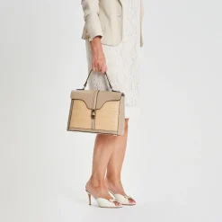 Borsa a mano in pelle e rafia Flora