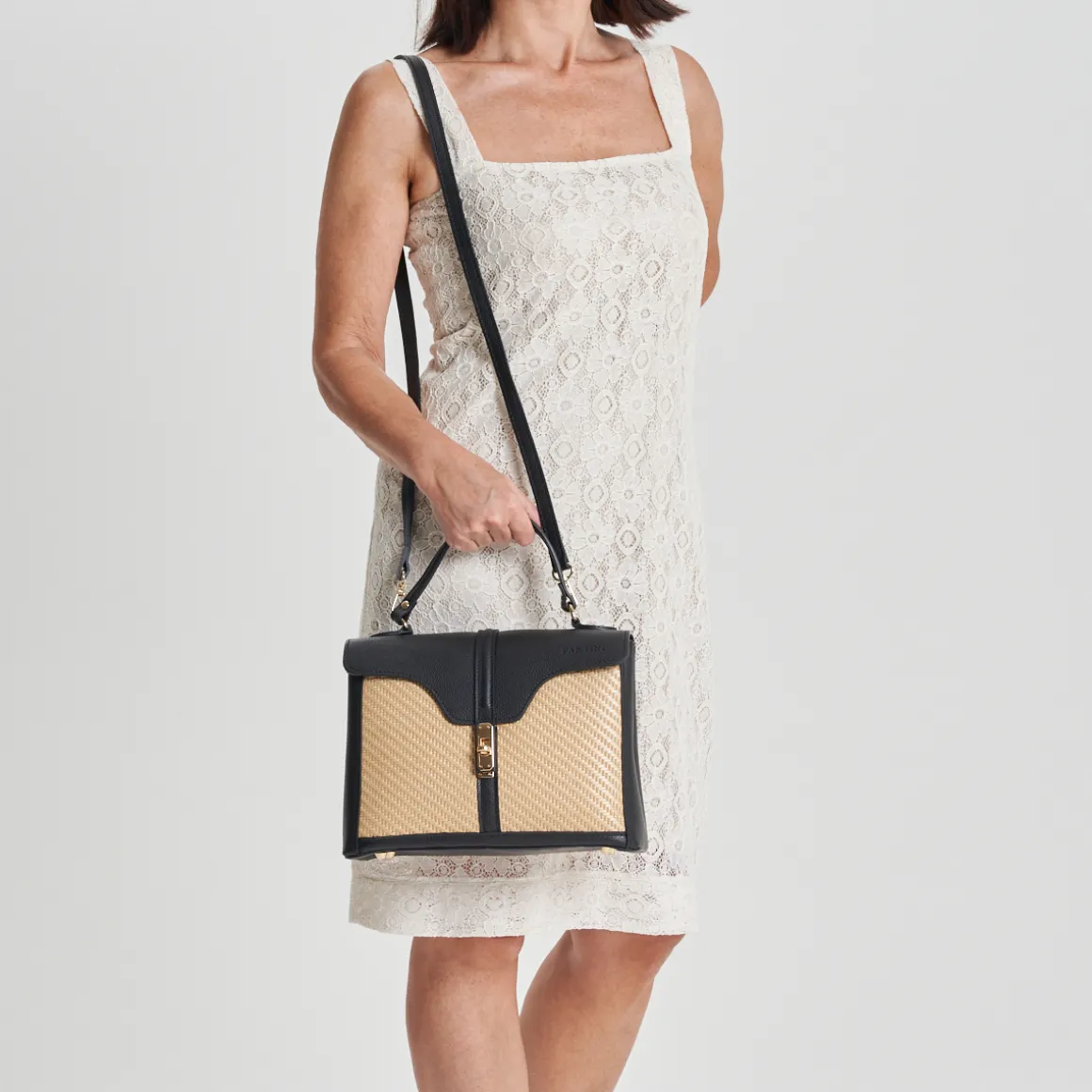 Borsa a mano in pelle e rafia Flora