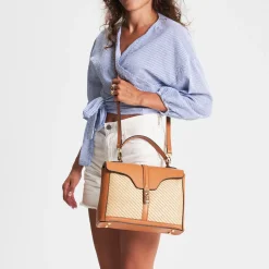 Borsa a mano in pelle e rafia Flora